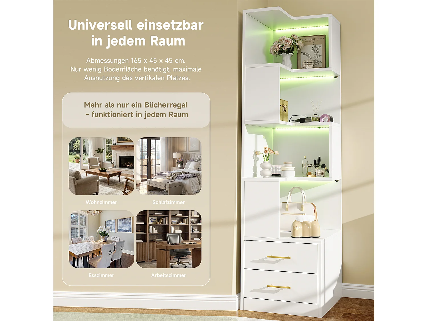 Mensola ad angolo a L 45 x 45 x 165 cm - con illuminazione LED - 2 cassetti e 4 livelli di ripiano - MDF - Bianco