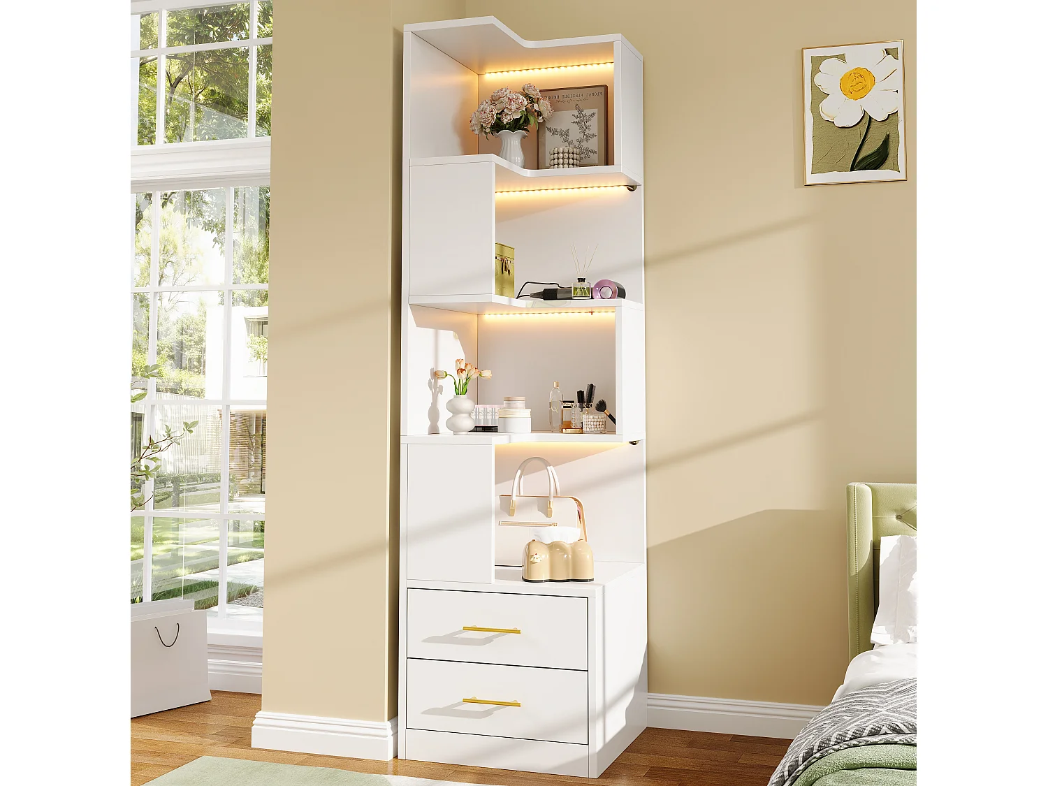 Mensola ad angolo a L 45 x 45 x 165 cm - con illuminazione LED - 2 cassetti e 4 livelli di ripiano - MDF - Bianco