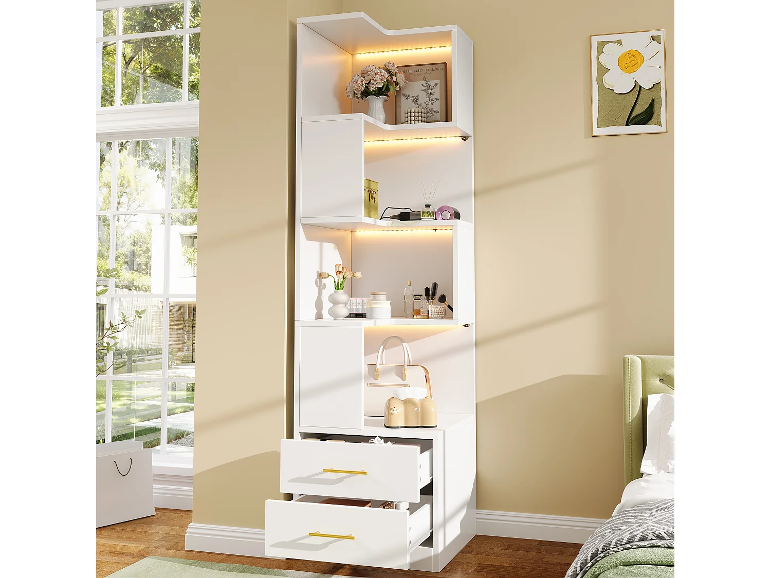 Mensola ad angolo a L 45 x 45 x 165 cm - con illuminazione LED - 2 cassetti e 4 livelli di ripiano - MDF - Bianco