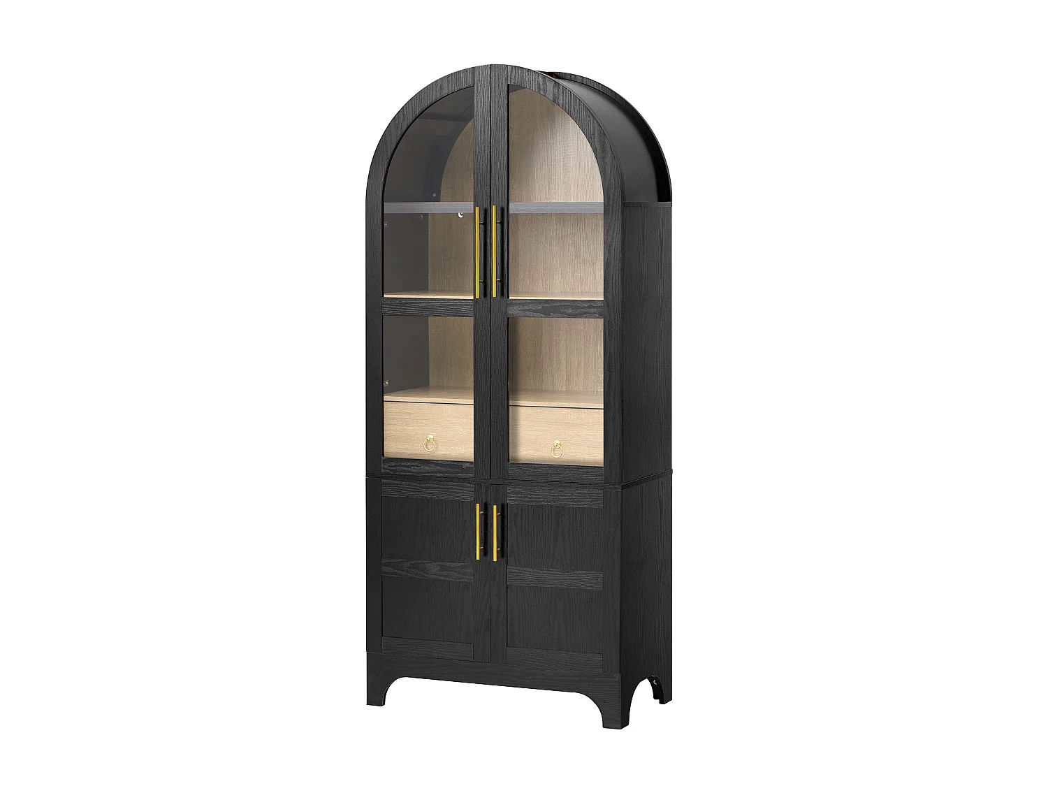 Nowoczesny bufet kuchenny 76x40x180cm - 2 drzwi przeszklone i 2 drzwi z półkami - z regulowaną półką i szufladą - Czarny
