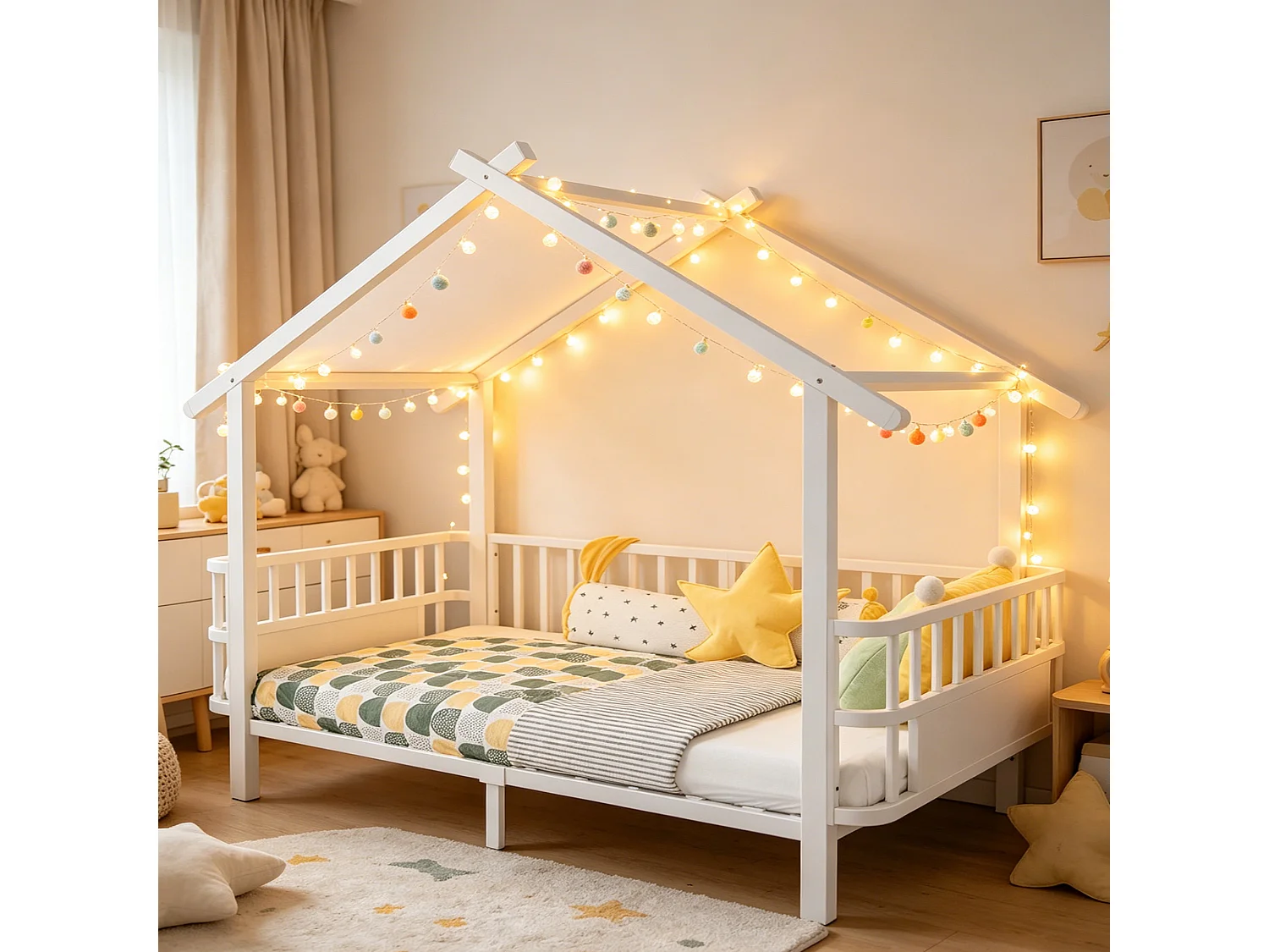 Kinder-Hochbett 90 x 200 cm mit Sicherheitsgittern – Anpassbarer Metallrahmen – Weiß (Matratze nicht im Lieferumfang enthalten)