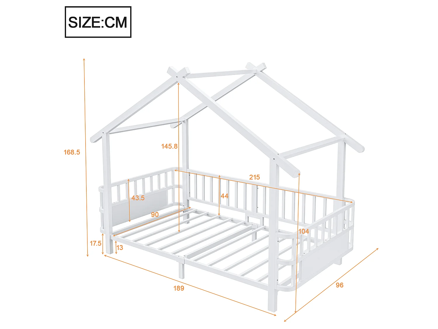 Kinder-Hochbett 90 x 200 cm mit Sicherheitsgittern – Anpassbarer Metallrahmen – Weiß (Matratze nicht im Lieferumfang enthalten)