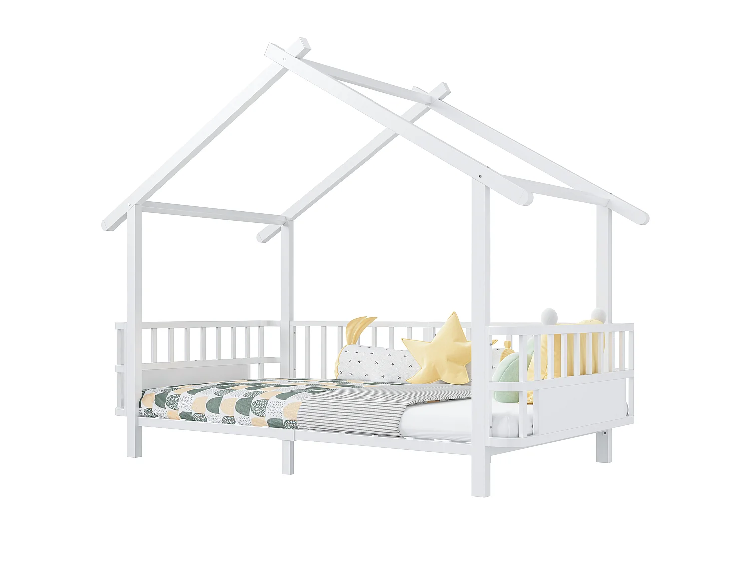 Kinder-Hochbett 90 x 200 cm mit Sicherheitsgittern – Anpassbarer Metallrahmen – Weiß (Matratze nicht im Lieferumfang enthalten)