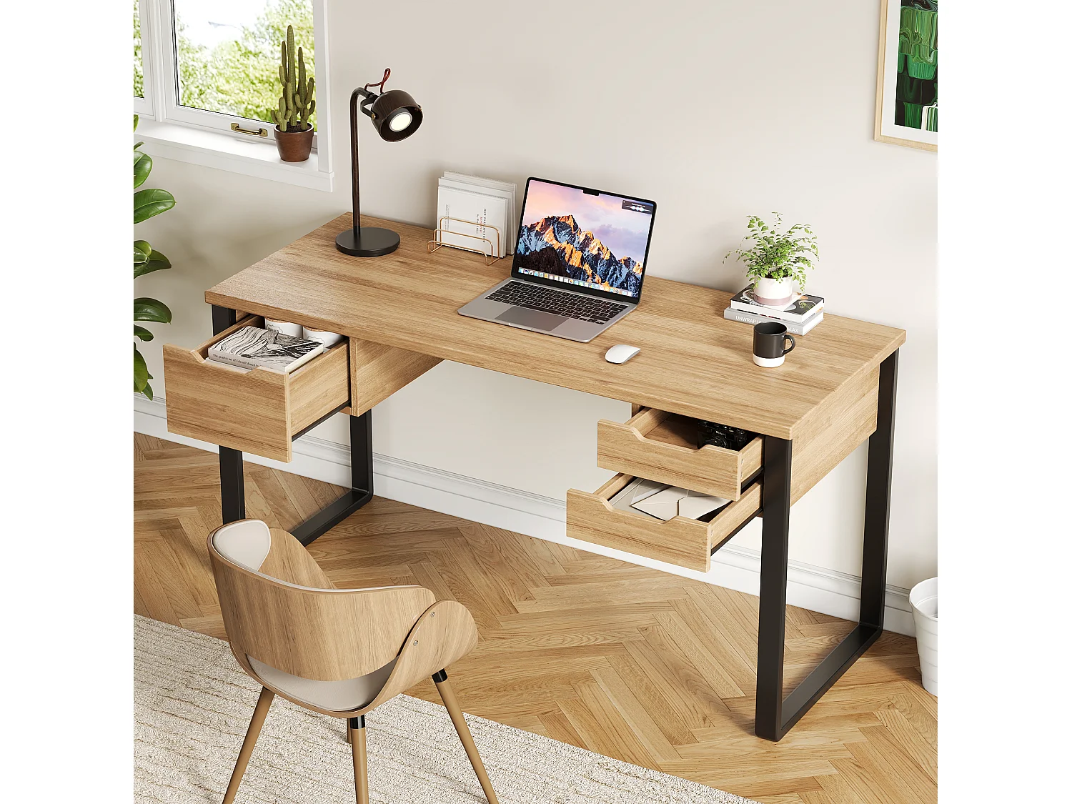 Schreibtisch mit 3 Schubladen – MDF und Metall – 130 x 55 x 76 cm – Naturholz und Schwarz