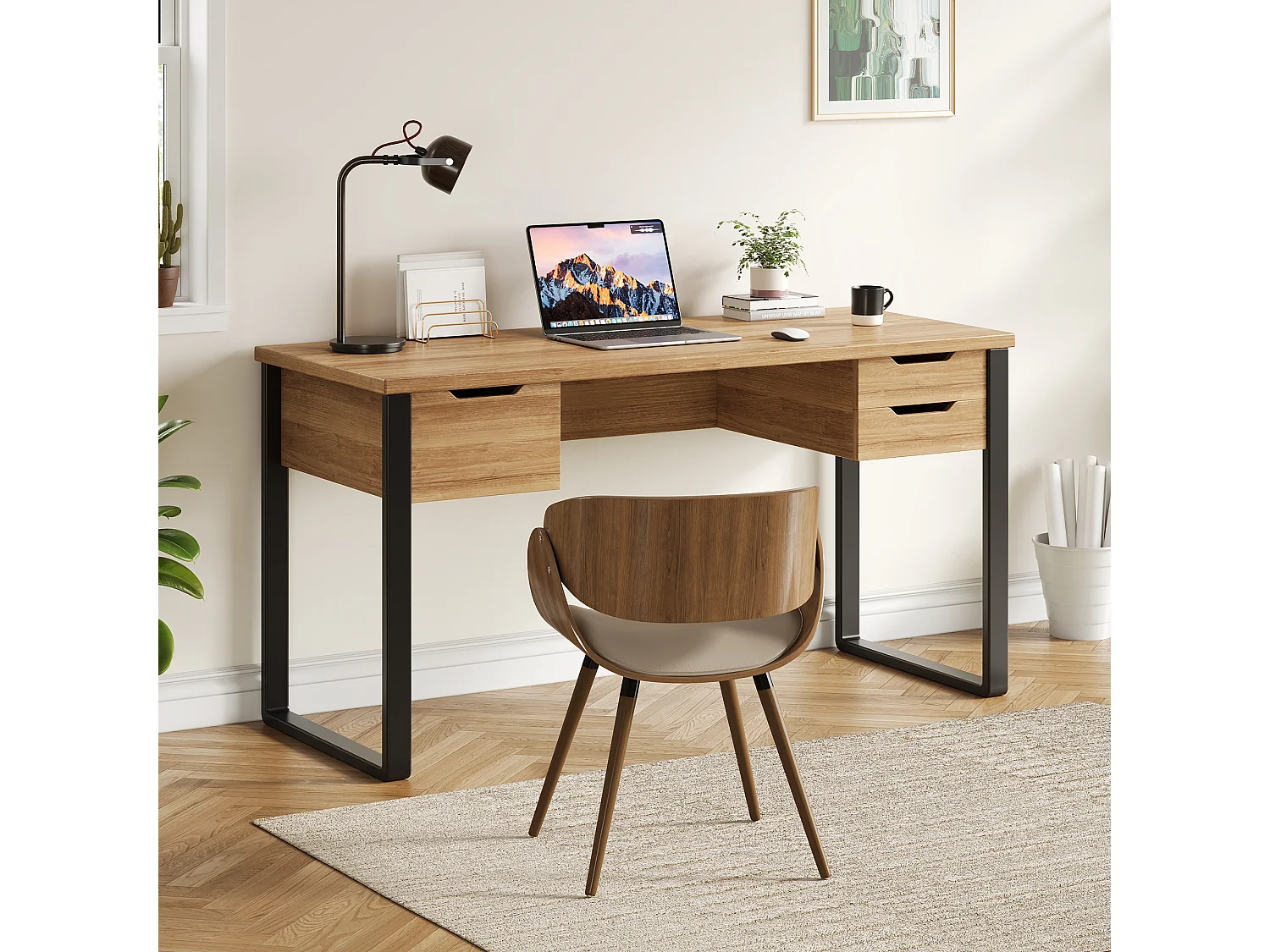 Schreibtisch mit 3 Schubladen – MDF und Metall – 130 x 55 x 76 cm – Naturholz und Schwarz