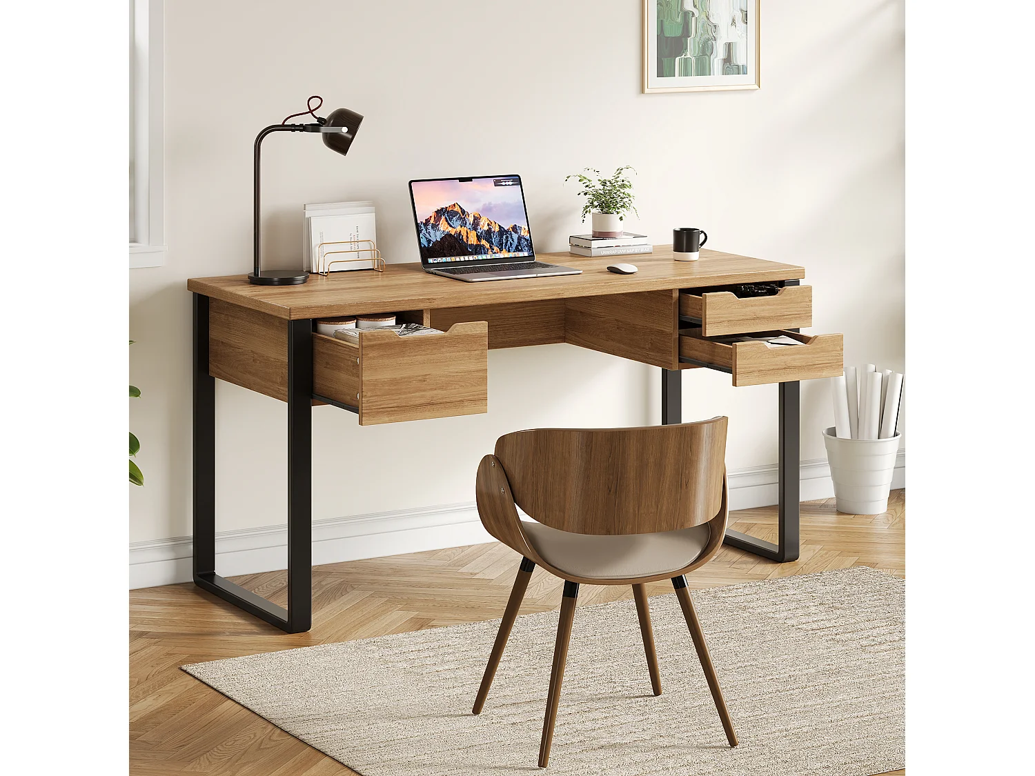 Schreibtisch mit 3 Schubladen – MDF und Metall – 130 x 55 x 76 cm – Naturholz und Schwarz