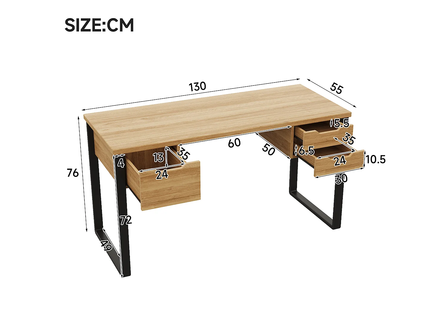 Schreibtisch mit 3 Schubladen – MDF und Metall – 130 x 55 x 76 cm – Naturholz und Schwarz
