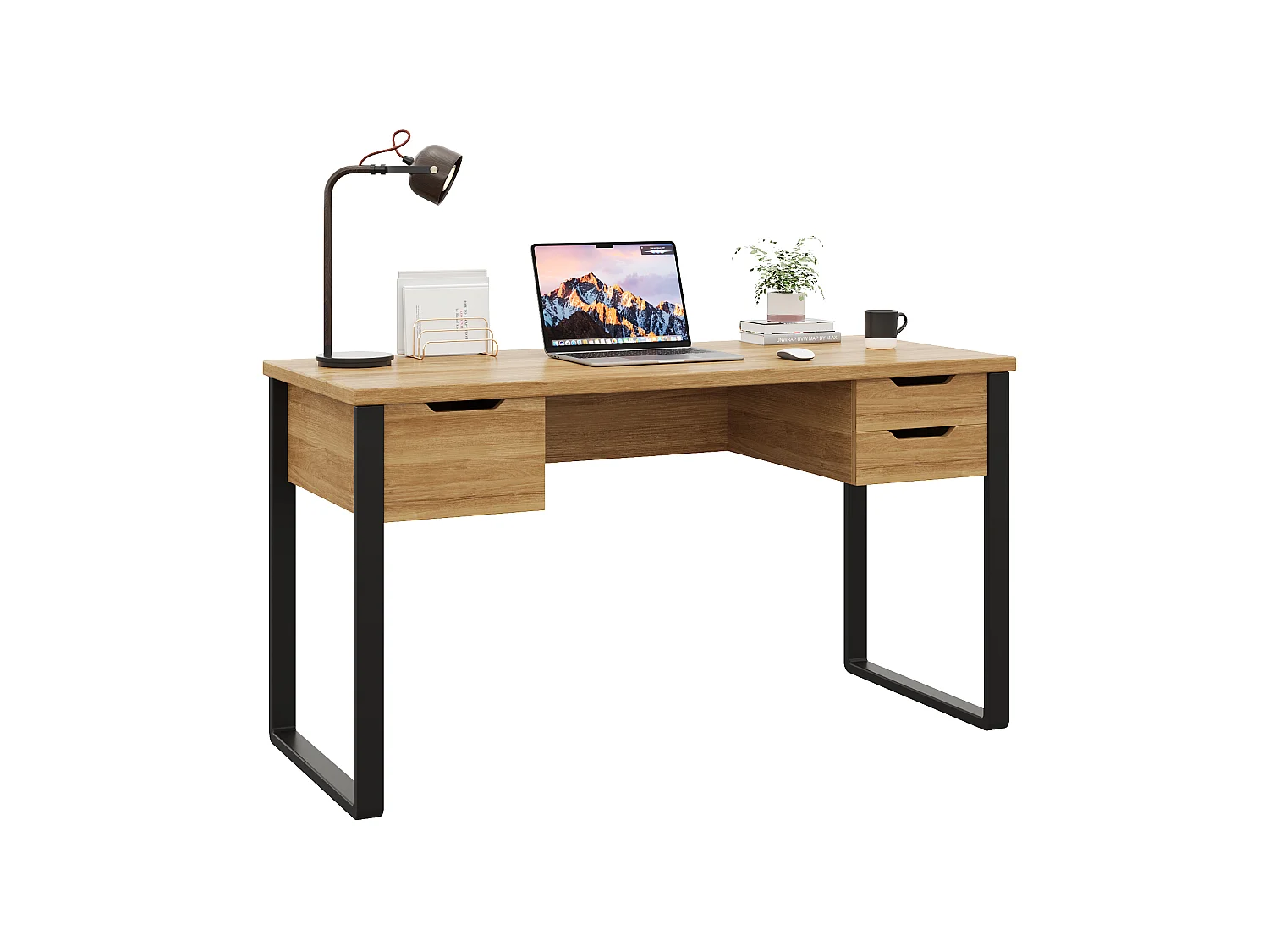 Schreibtisch mit 3 Schubladen – MDF und Metall – 130 x 55 x 76 cm – Naturholz und Schwarz