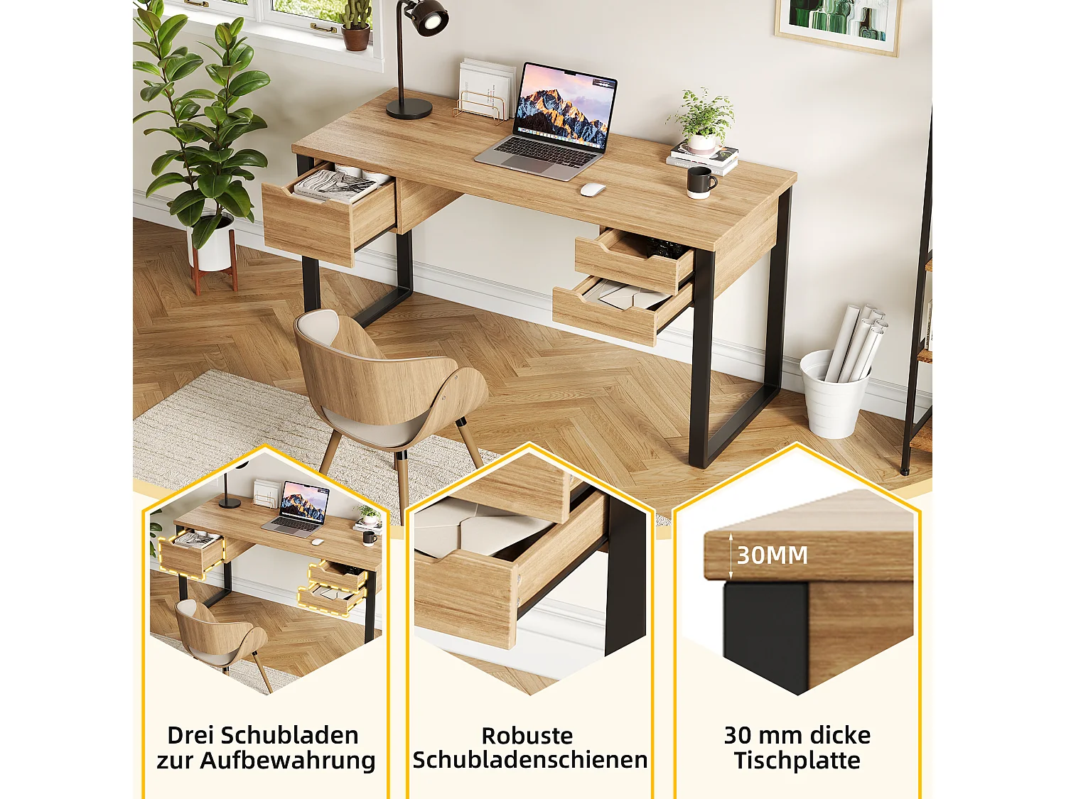 Schreibtisch mit 3 Schubladen – MDF und Metall – 130 x 55 x 76 cm – Naturholz und Schwarz