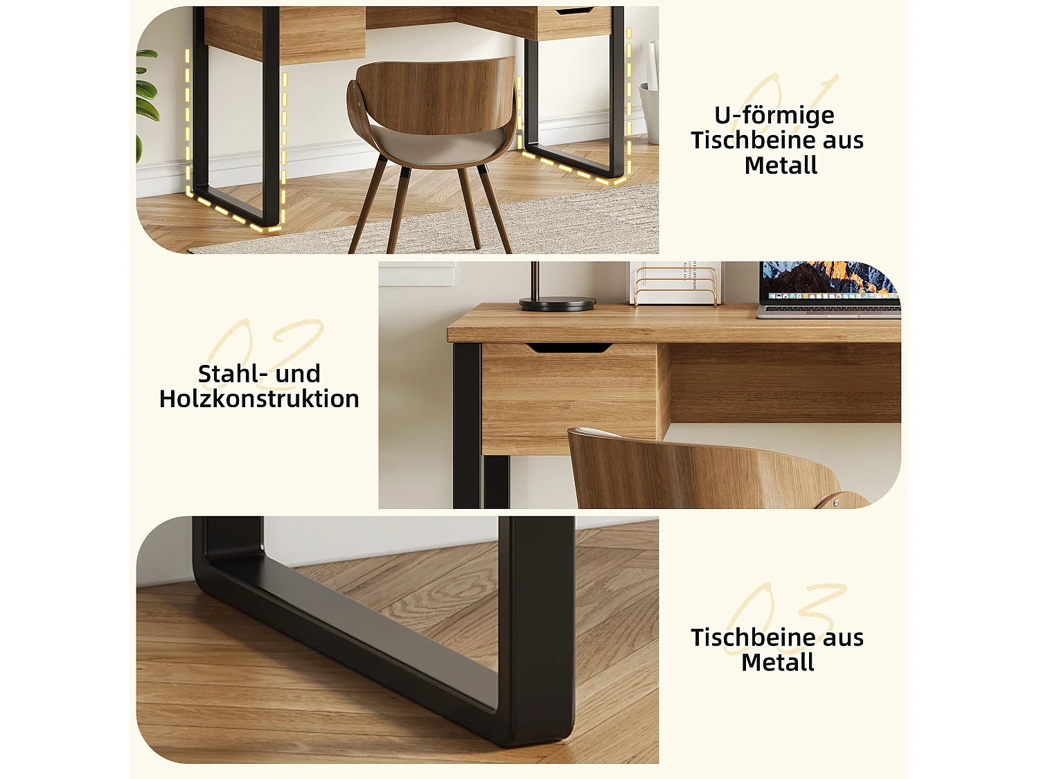 Schreibtisch mit 3 Schubladen – MDF und Metall – 130 x 55 x 76 cm – Naturholz und Schwarz