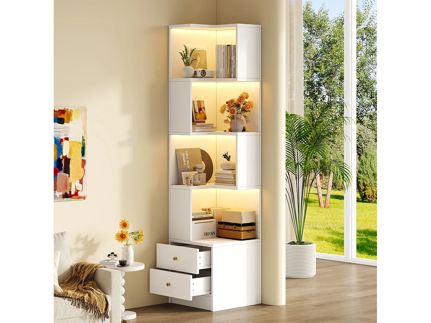 Bibliothèque d'angle avec éclairage LED, 4 étagères ouvertes et 2 tiroirs - MDF - 45 x 43,5 x 180 cm - Blanc