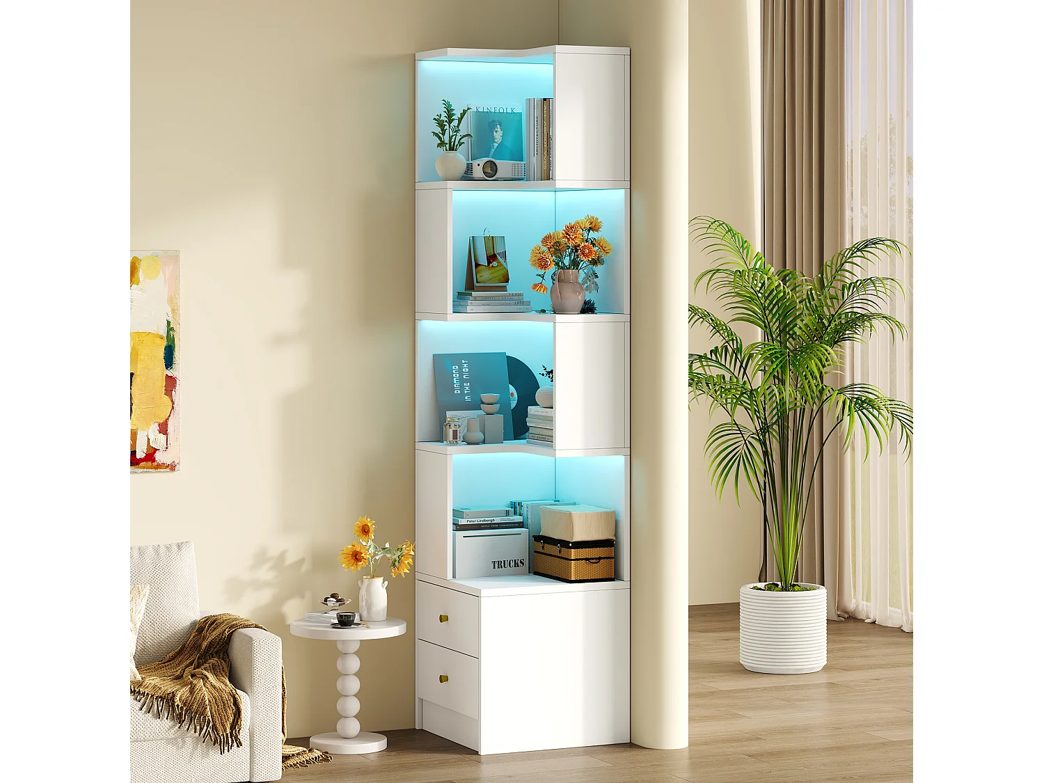 Bibliothèque d'angle avec éclairage LED, 4 étagères ouvertes et 2 tiroirs - MDF - 45 x 43,5 x 180 cm - Blanc