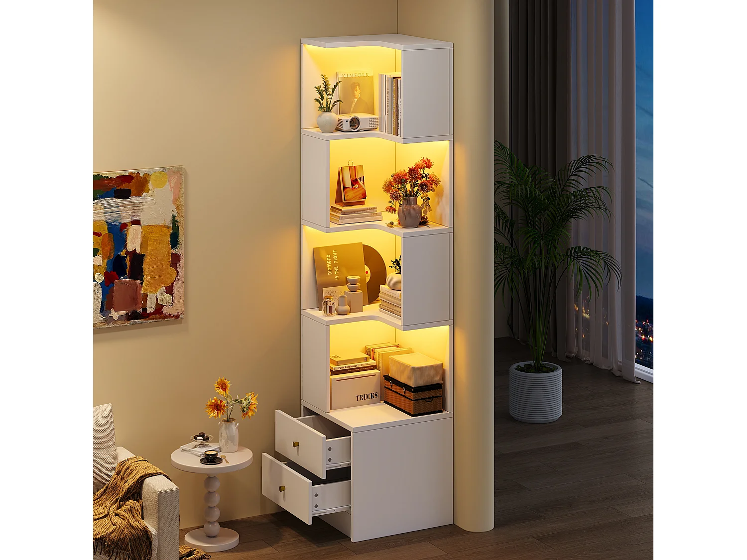 Bibliothèque d'angle avec éclairage LED, 4 étagères ouvertes et 2 tiroirs - MDF - 45 x 43,5 x 180 cm - Blanc