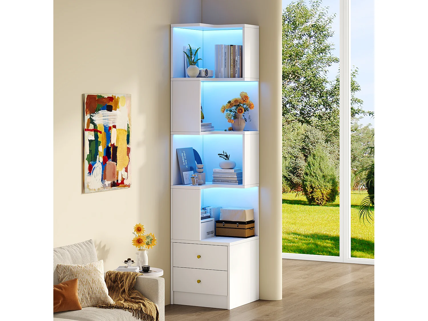 Bibliothèque d'angle avec éclairage LED, 4 étagères ouvertes et 2 tiroirs - MDF - 45 x 43,5 x 180 cm - Blanc