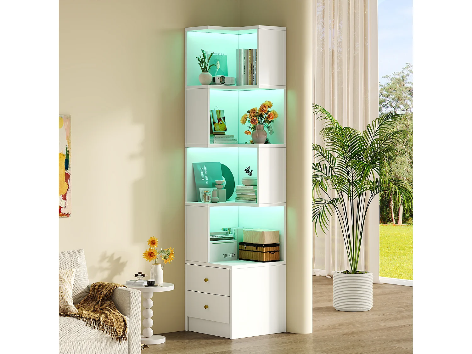 Bibliothèque d'angle avec éclairage LED, 4 étagères ouvertes et 2 tiroirs - MDF - 45 x 43,5 x 180 cm - Blanc