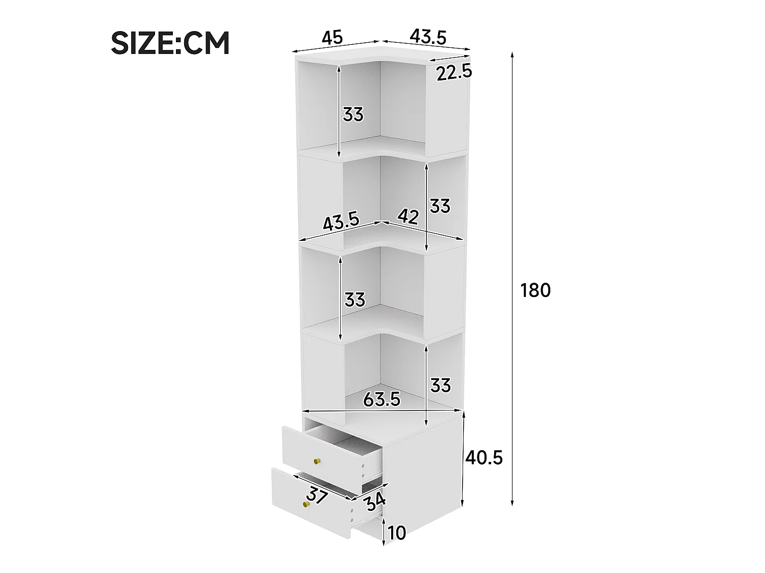 Bibliothèque d'angle avec éclairage LED, 4 étagères ouvertes et 2 tiroirs - MDF - 45 x 43,5 x 180 cm - Blanc