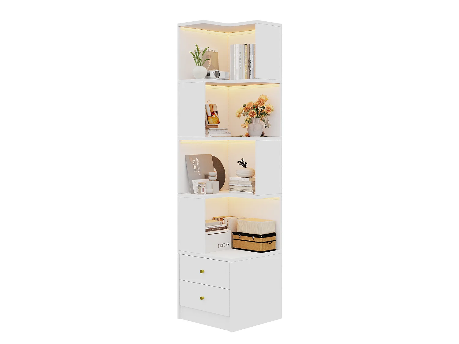 Bibliothèque d'angle avec éclairage LED, 4 étagères ouvertes et 2 tiroirs - MDF - 45 x 43,5 x 180 cm - Blanc
