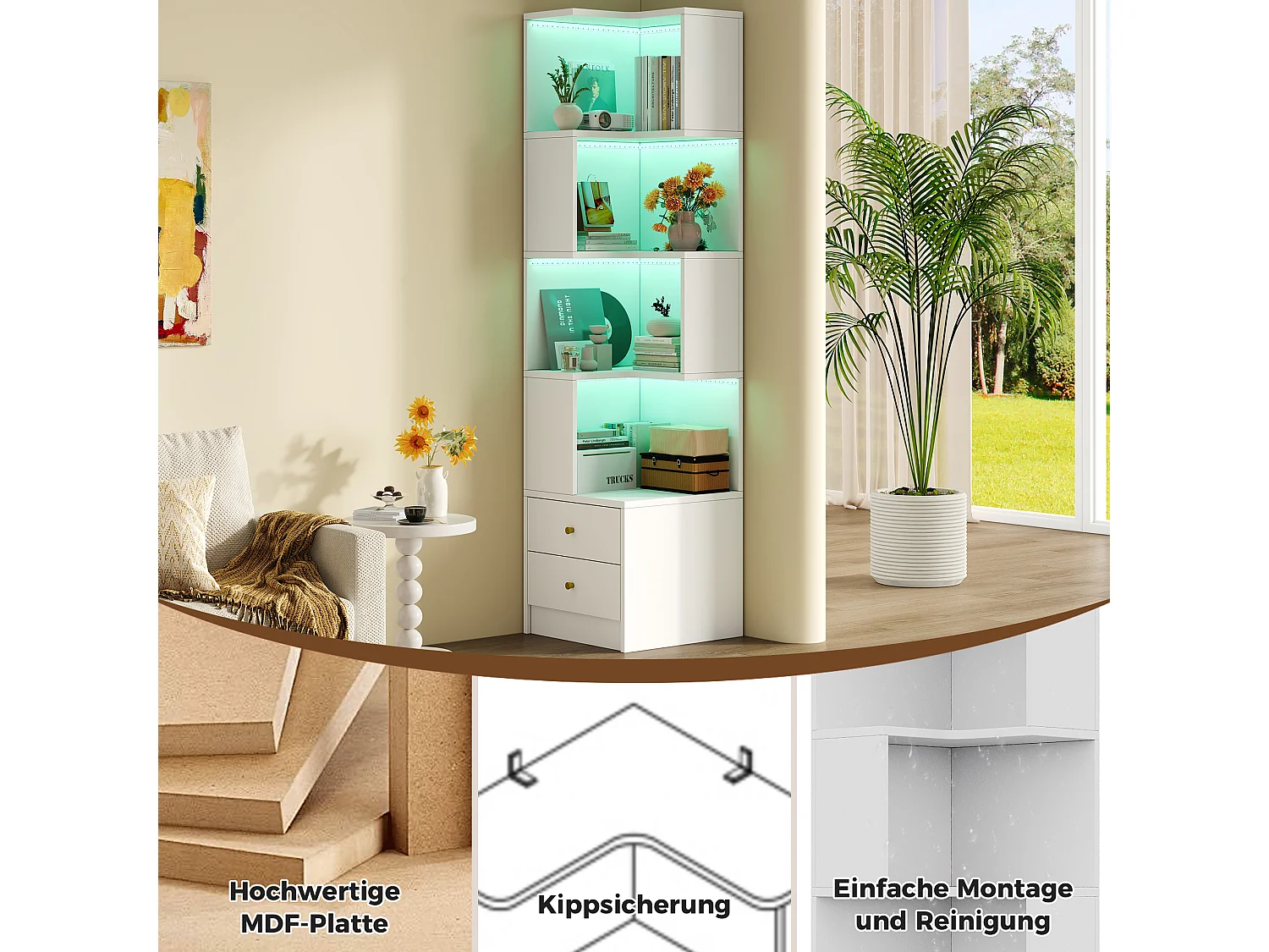 Bibliothèque d'angle avec éclairage LED, 4 étagères ouvertes et 2 tiroirs - MDF - 45 x 43,5 x 180 cm - Blanc
