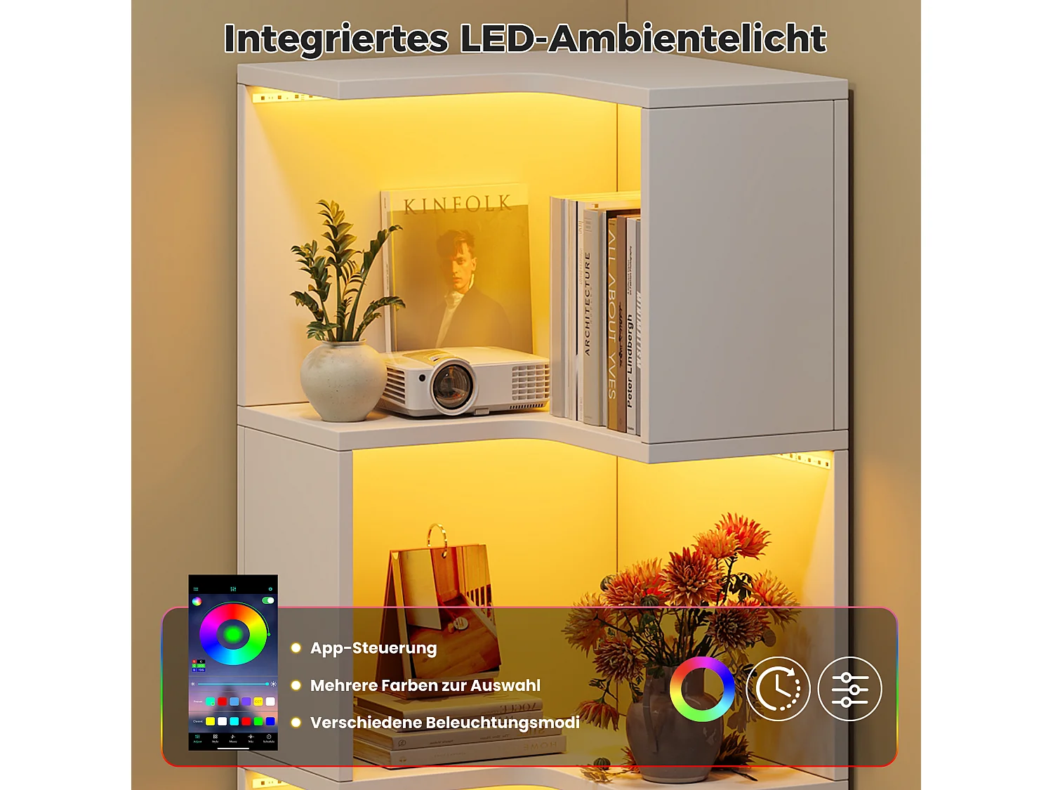 Bibliothèque d'angle avec éclairage LED, 4 étagères ouvertes et 2 tiroirs - MDF - 45 x 43,5 x 180 cm - Blanc