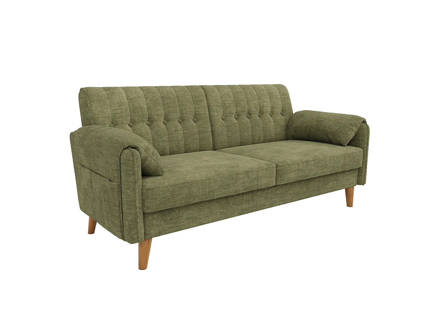 Canapé 2 places moderne - 2 coussins d'accoudoirs et poches latérales - Pieds de canapé en bois massif - Tissu chenille - Vert