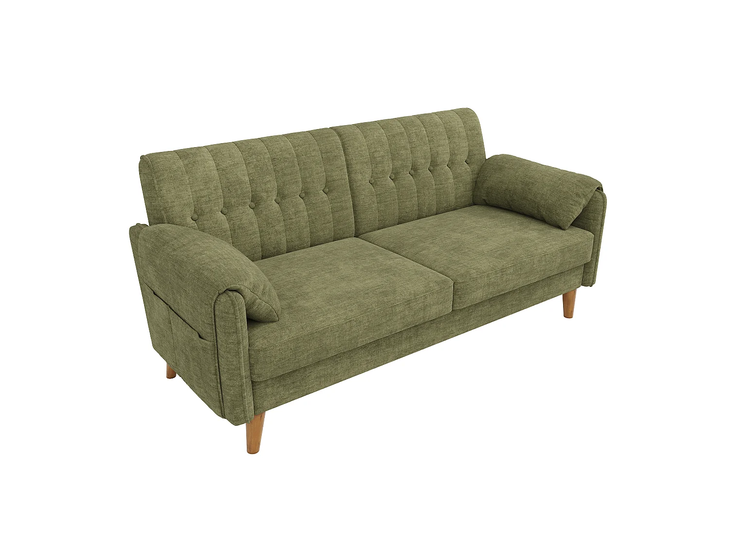 Canapé 2 places moderne - 2 coussins d'accoudoirs et poches latérales - Pieds de canapé en bois massif - Tissu chenille - Vert