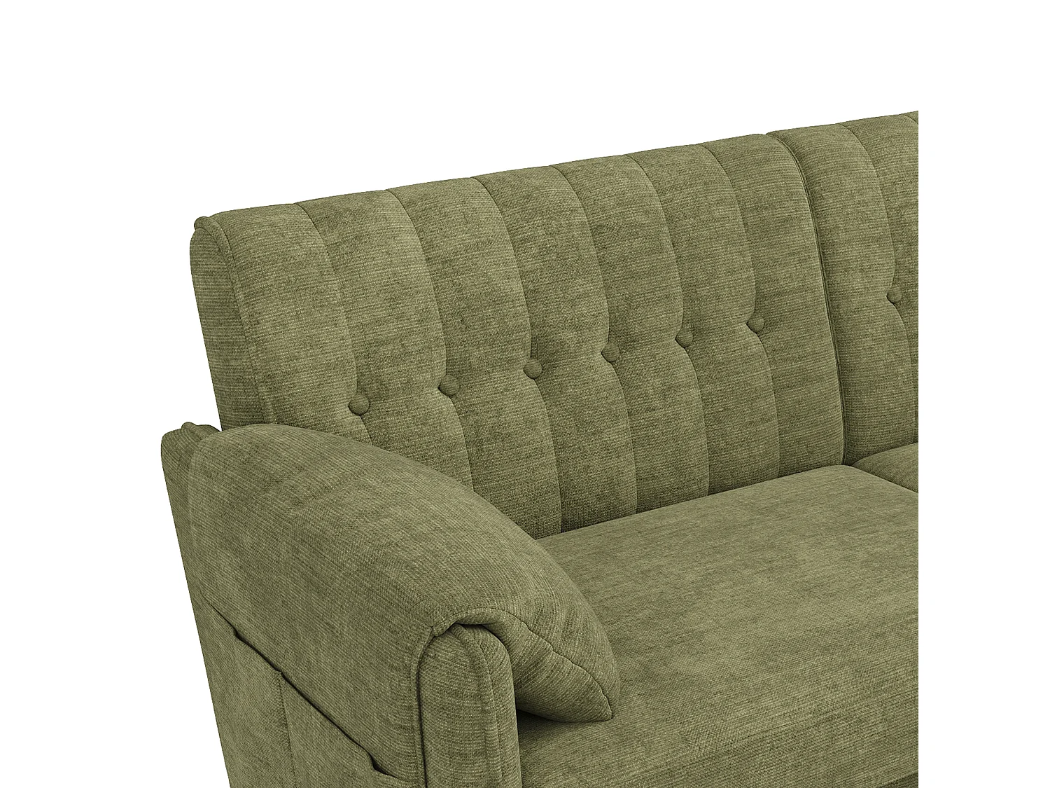 Canapé 2 places moderne - 2 coussins d'accoudoirs et poches latérales - Pieds de canapé en bois massif - Tissu chenille - Vert