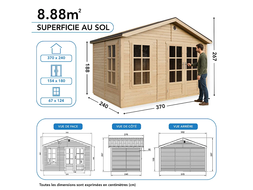 Houten tuinhuis - 8.88 m² / 276x382xH267 cm - M734A