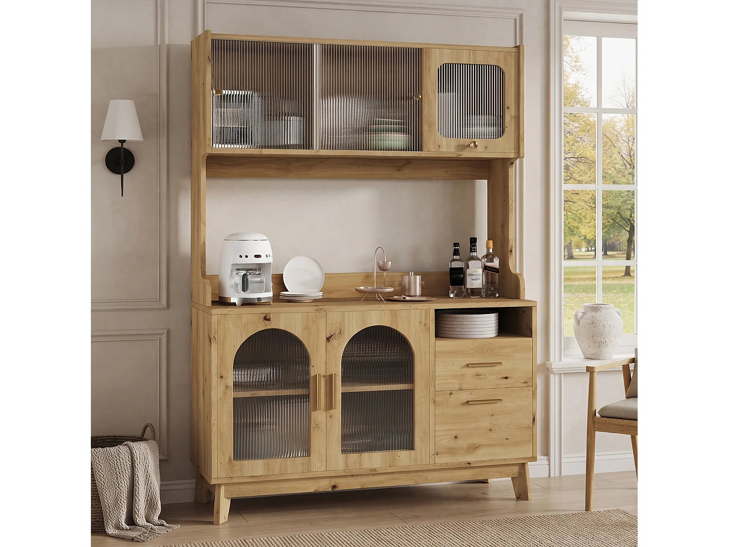 Buffet/Hoge kast 120x40x178 cm - 6 deuren en 1 laden - Opbergruimte met meerdere niveaus - Stopcontact en USB-poort - Natuurlijk