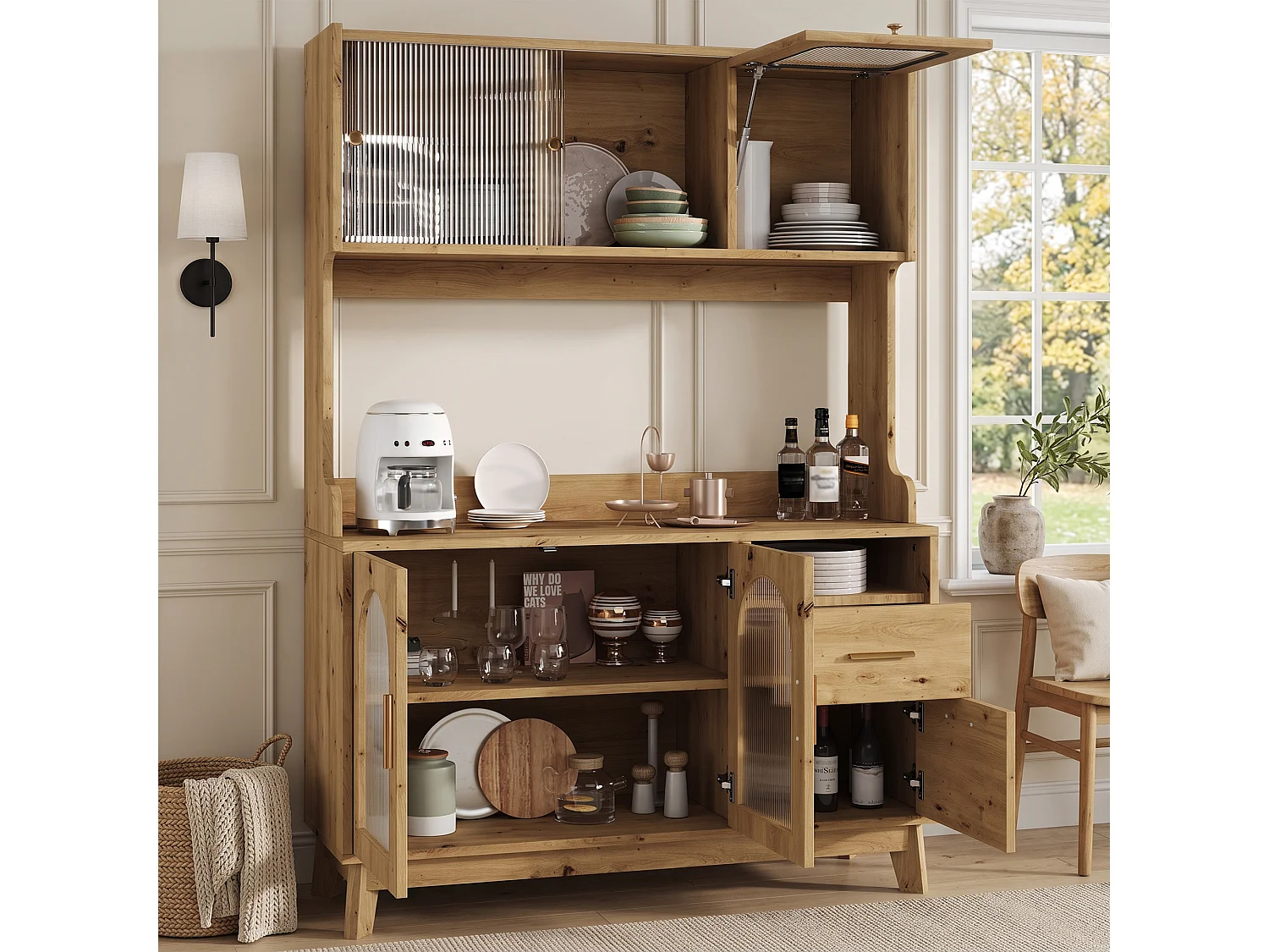 Buffet/Hoge kast 120x40x178 cm - 6 deuren en 1 laden - Opbergruimte met meerdere niveaus - Stopcontact en USB-poort - Natuurlijk