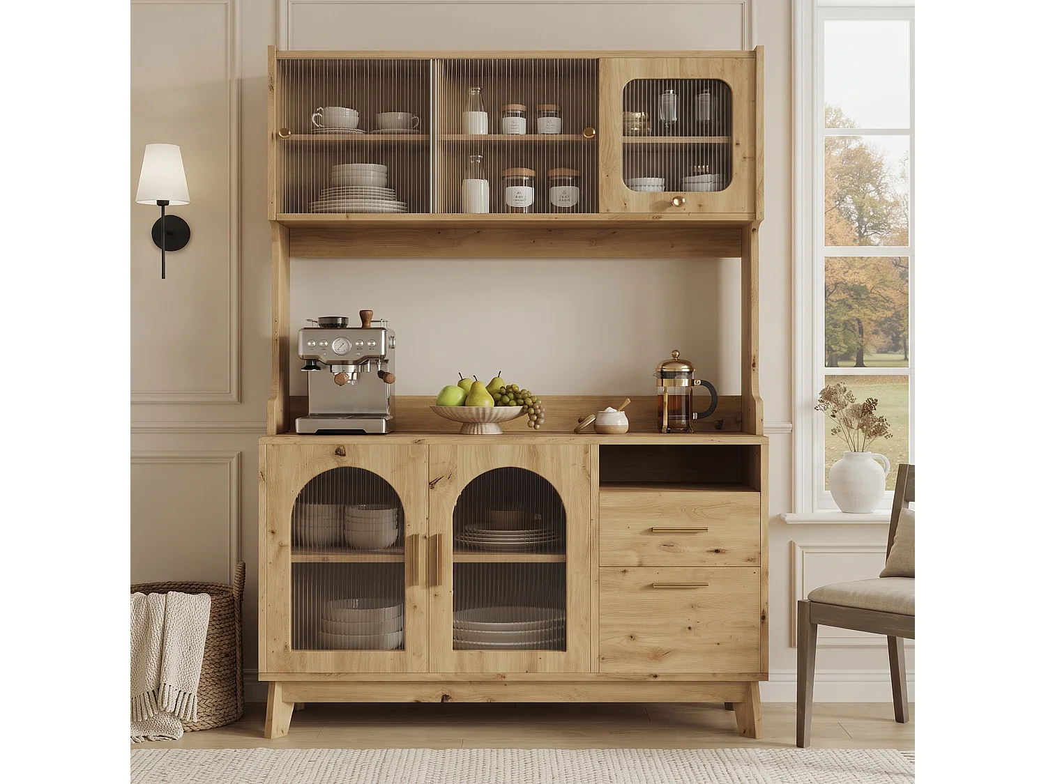 Buffet/Hoge kast 120x40x178 cm - 6 deuren en 1 laden - Opbergruimte met meerdere niveaus - Stopcontact en USB-poort - Natuurlijk