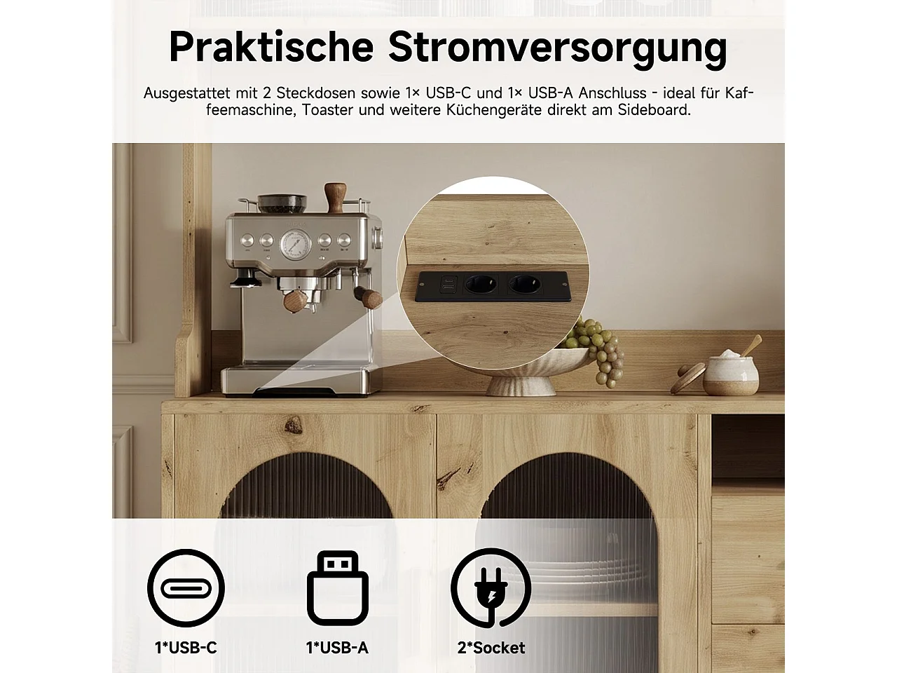 Buffet/Hoge kast 120x40x178 cm - 6 deuren en 1 laden - Opbergruimte met meerdere niveaus - Stopcontact en USB-poort - Natuurlijk