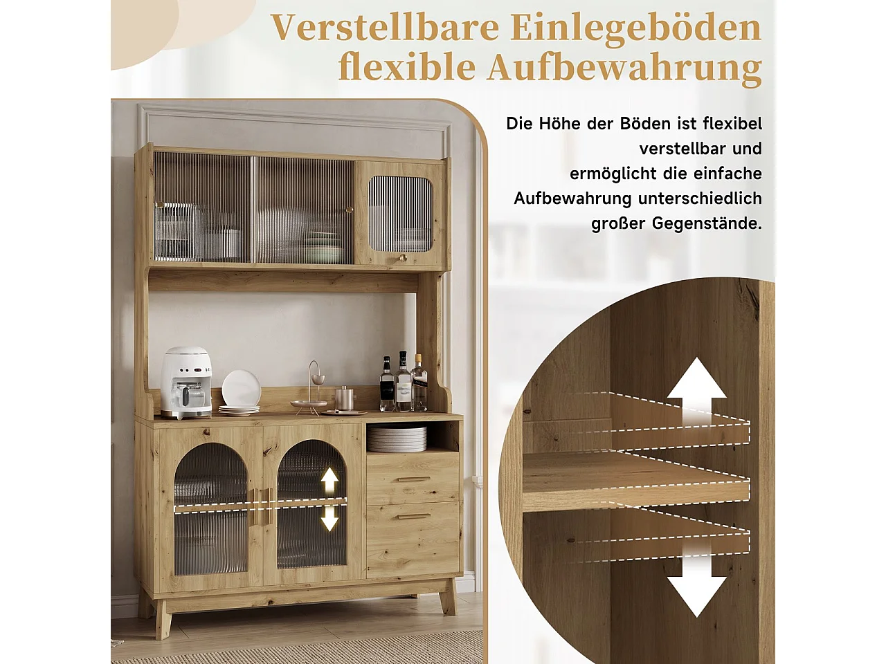 Buffet/Hoge kast 120x40x178 cm - 6 deuren en 1 laden - Opbergruimte met meerdere niveaus - Stopcontact en USB-poort - Natuurlijk