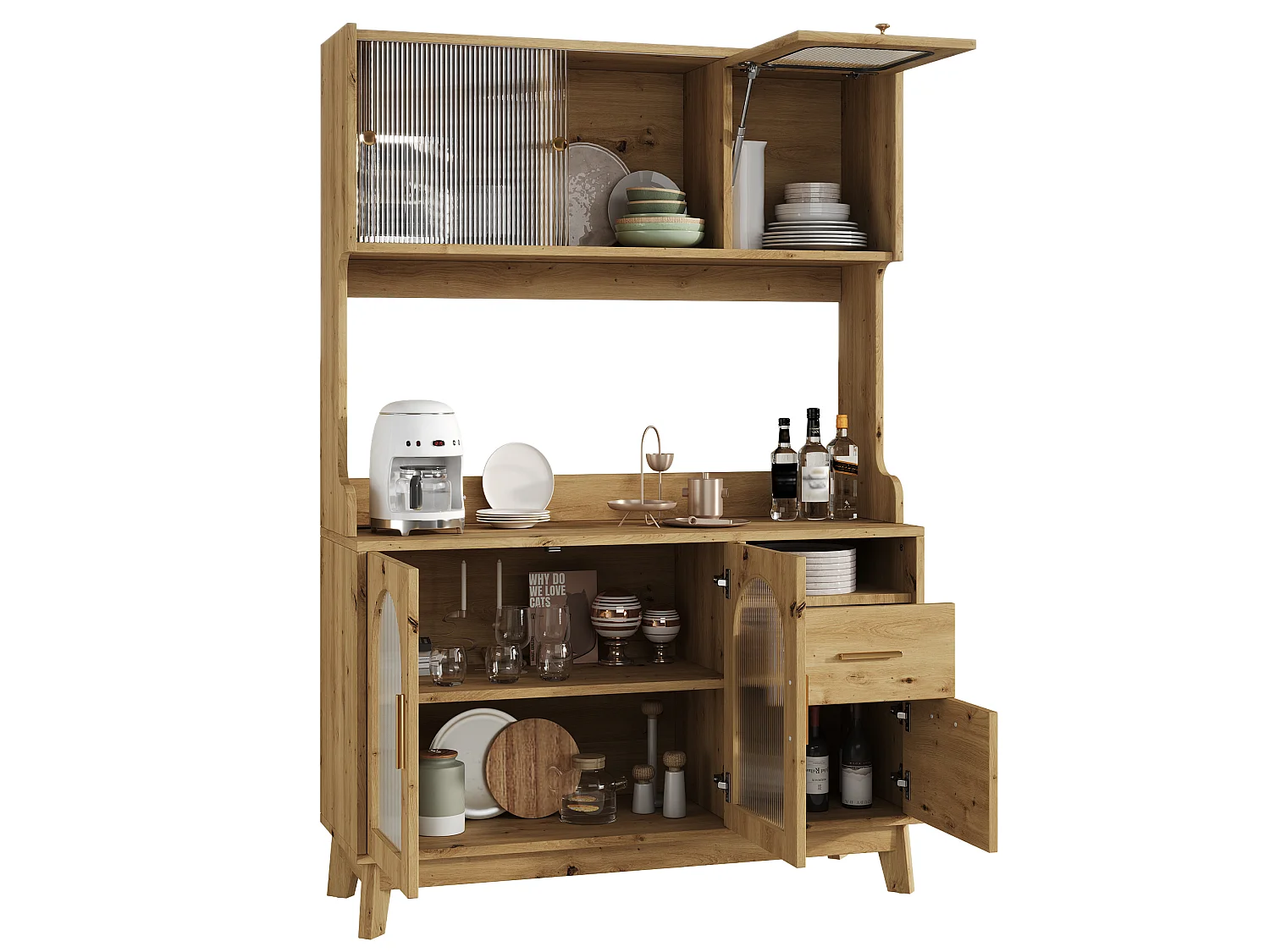 Buffet/Hoge kast 120x40x178 cm - 6 deuren en 1 laden - Opbergruimte met meerdere niveaus - Stopcontact en USB-poort - Natuurlijk