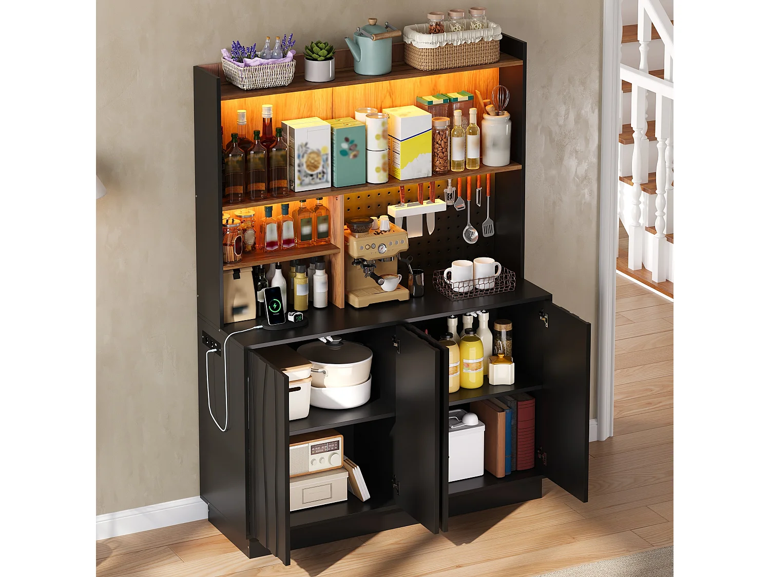Buffet de cuisine 120x43x160cm - avec 4 portes - avec éclairage LED et prise de courant - avec planche à trous - Noir