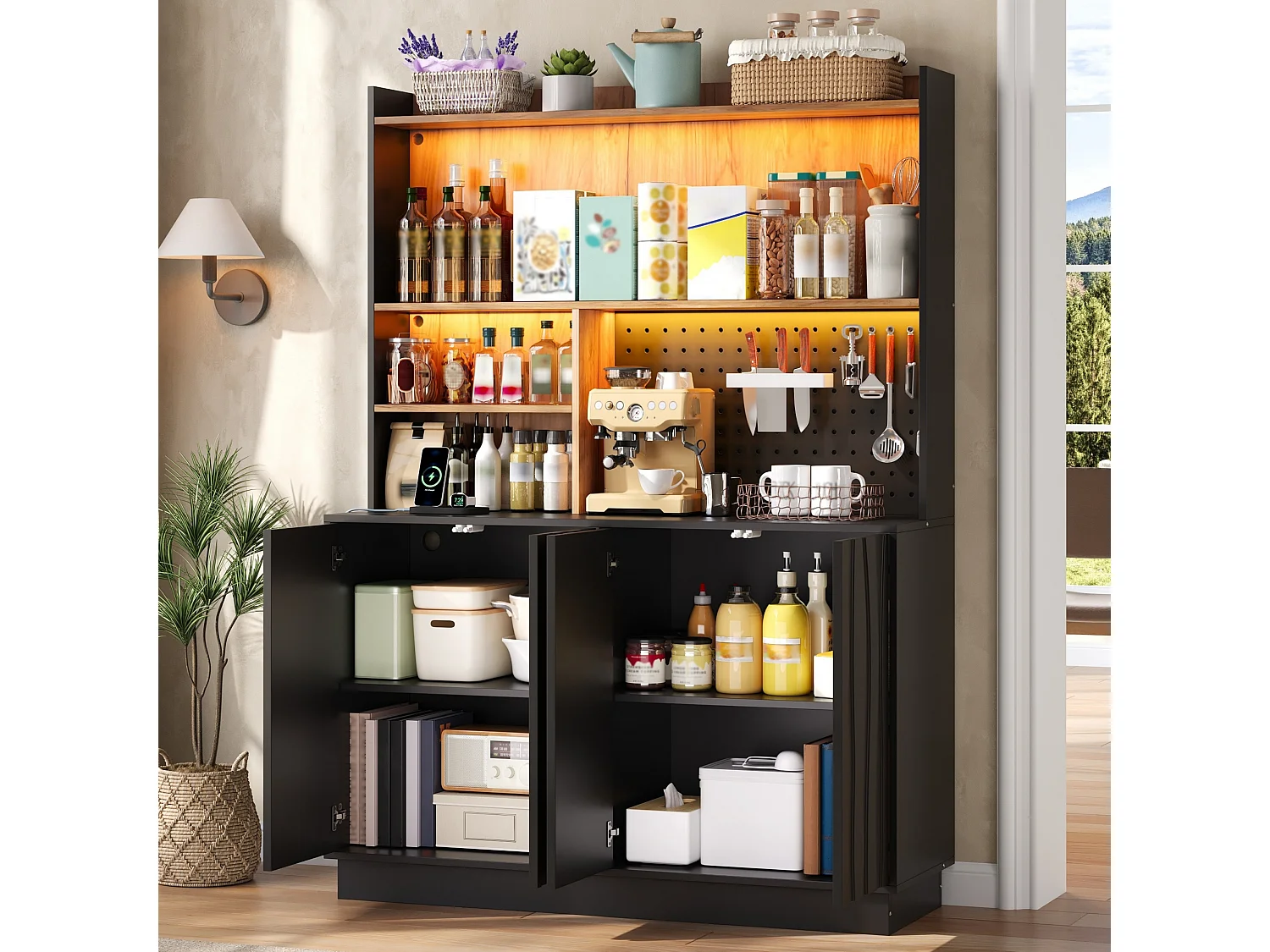 Buffet de cuisine 120x43x160cm - avec 4 portes - avec éclairage LED et prise de courant - avec planche à trous - Noir