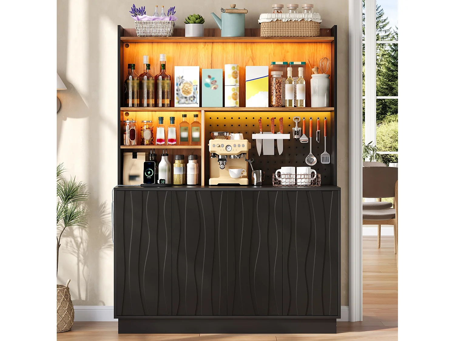 Buffet de cuisine 120x43x160cm - avec 4 portes - avec éclairage LED et prise de courant - avec planche à trous - Noir