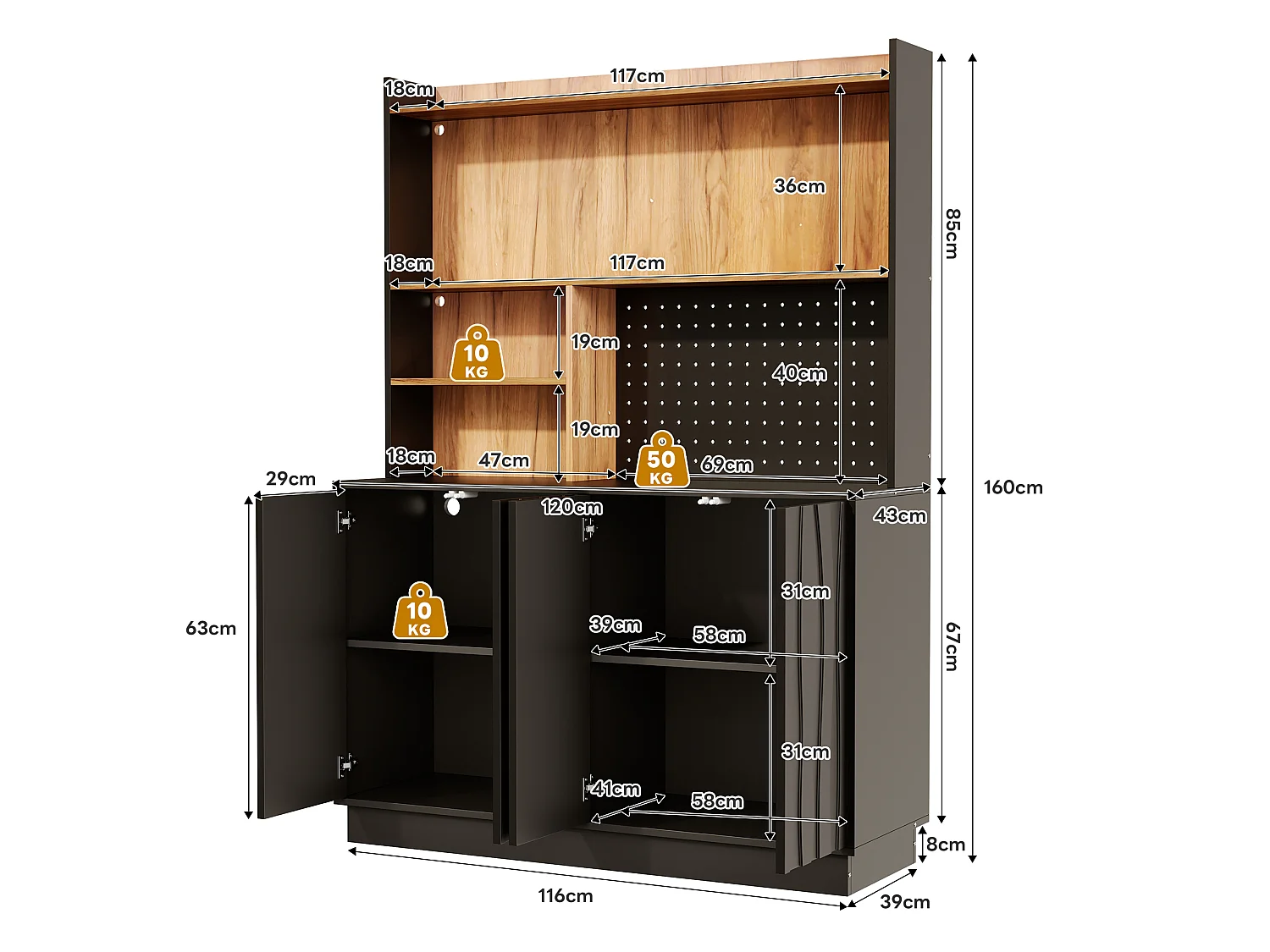 Buffet de cuisine 120x43x160cm - avec 4 portes - avec éclairage LED et prise de courant - avec planche à trous - Noir