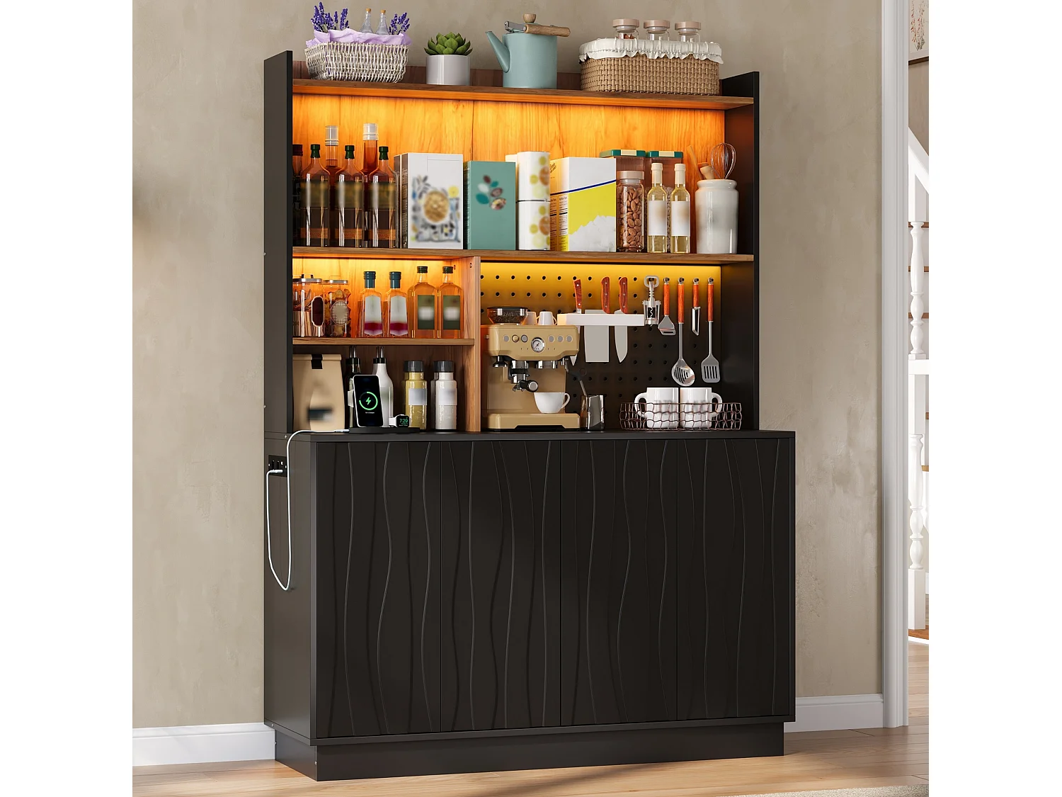 Buffet de cuisine 120x43x160cm - avec 4 portes - avec éclairage LED et prise de courant - avec planche à trous - Noir