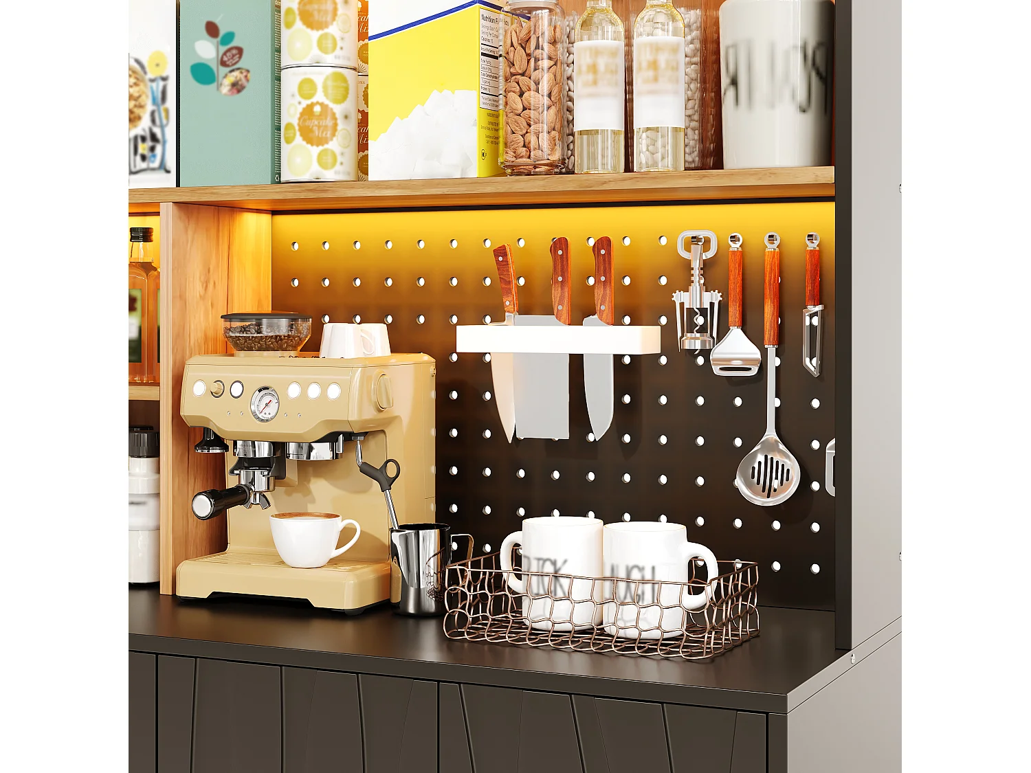 Buffet de cuisine 120x43x160cm - avec 4 portes - avec éclairage LED et prise de courant - avec planche à trous - Noir