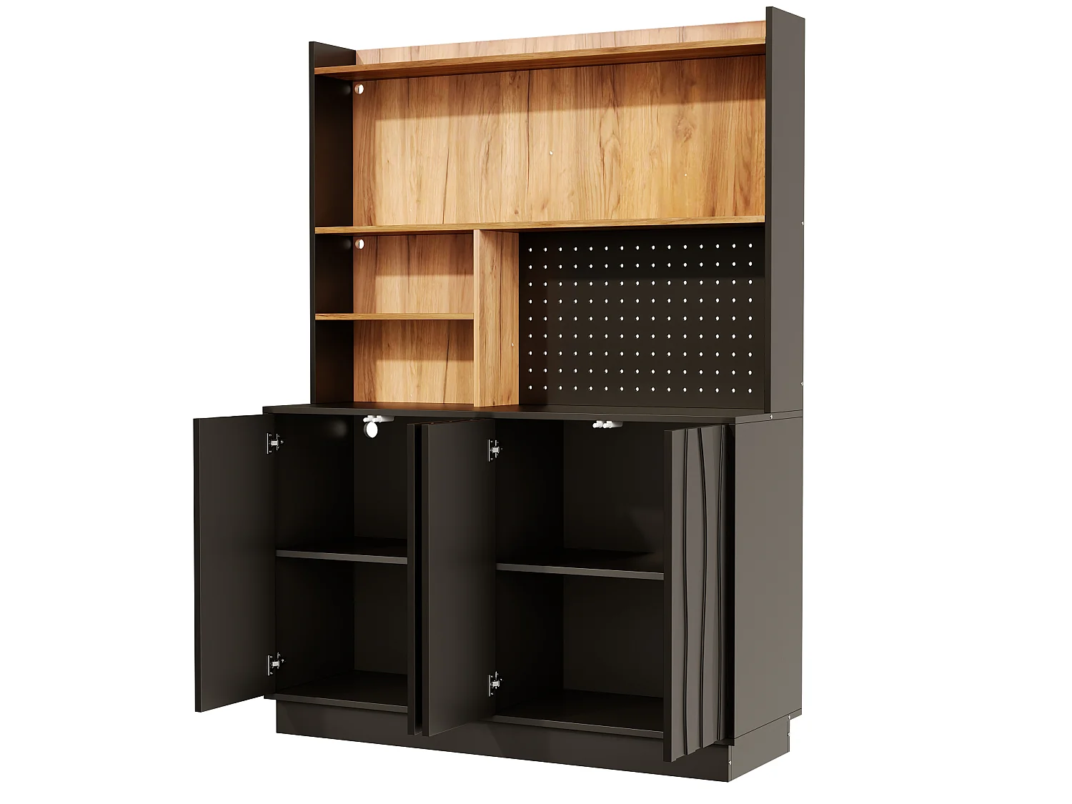 Buffet de cuisine 120x43x160cm - avec 4 portes - avec éclairage LED et prise de courant - avec planche à trous - Noir