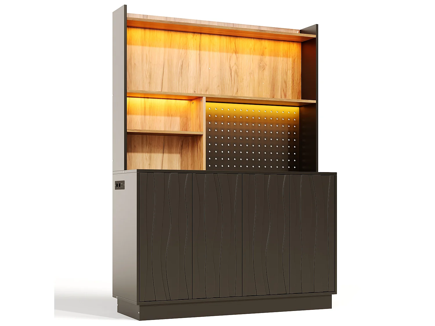 Buffet de cuisine 120x43x160cm - avec 4 portes - avec éclairage LED et prise de courant - avec planche à trous - Noir