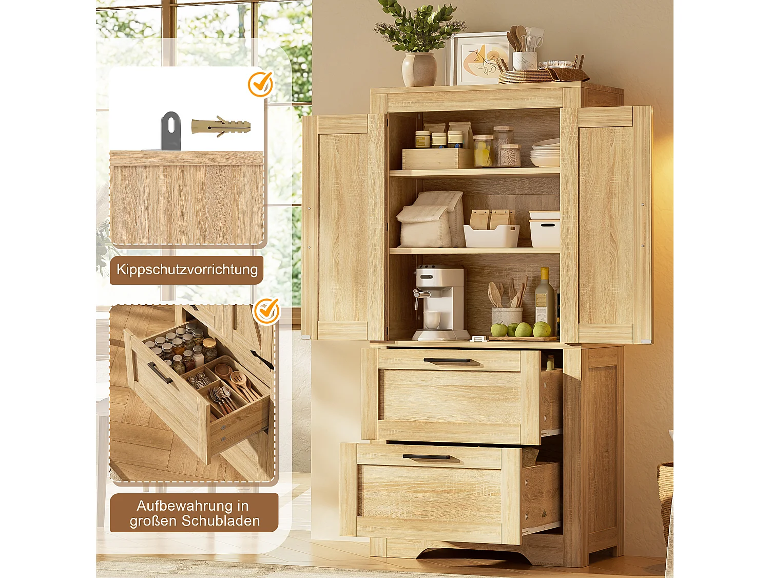 Buffet de cuisine 60x30x128cm - avec 2 portes et 2 tiroirs - étagère réglable - style campagnard - Naturel