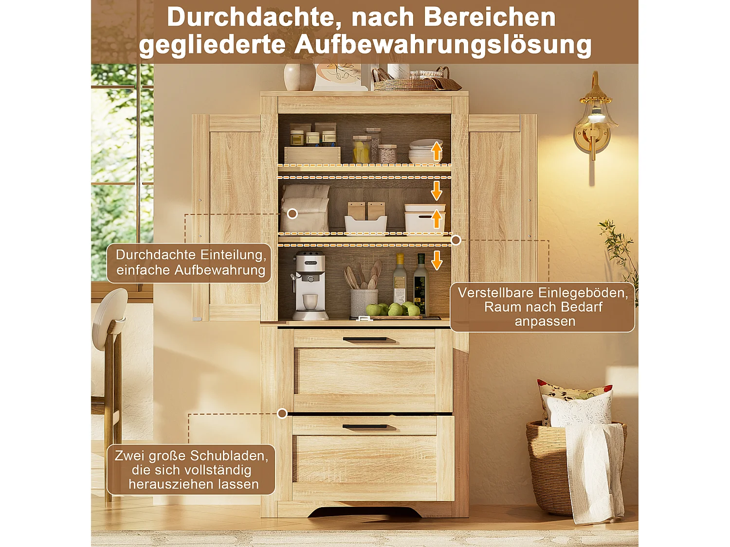 Buffet de cuisine 60x30x128cm - avec 2 portes et 2 tiroirs - étagère réglable - style campagnard - Naturel