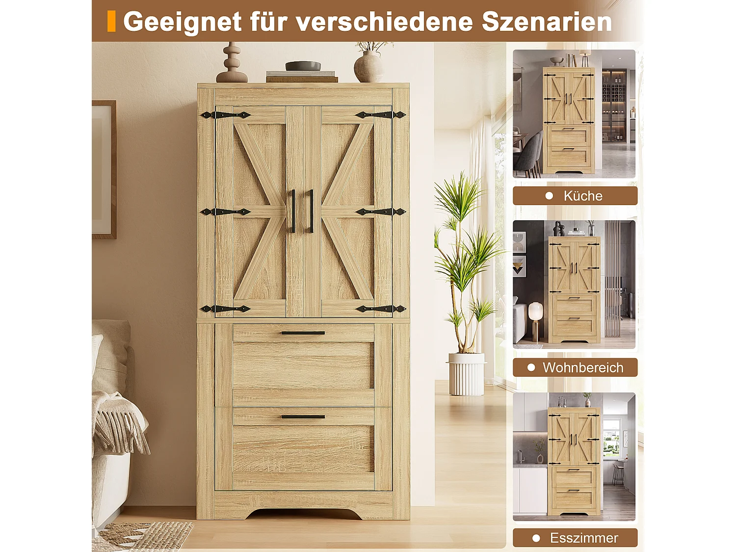 Buffet de cuisine 60x30x128cm - avec 2 portes et 2 tiroirs - étagère réglable - style campagnard - Naturel