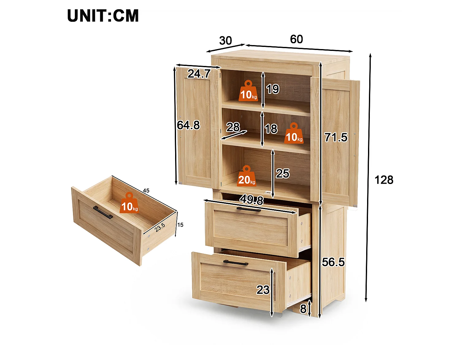 Buffet de cuisine 60x30x128cm - avec 2 portes et 2 tiroirs - étagère réglable - style campagnard - Naturel