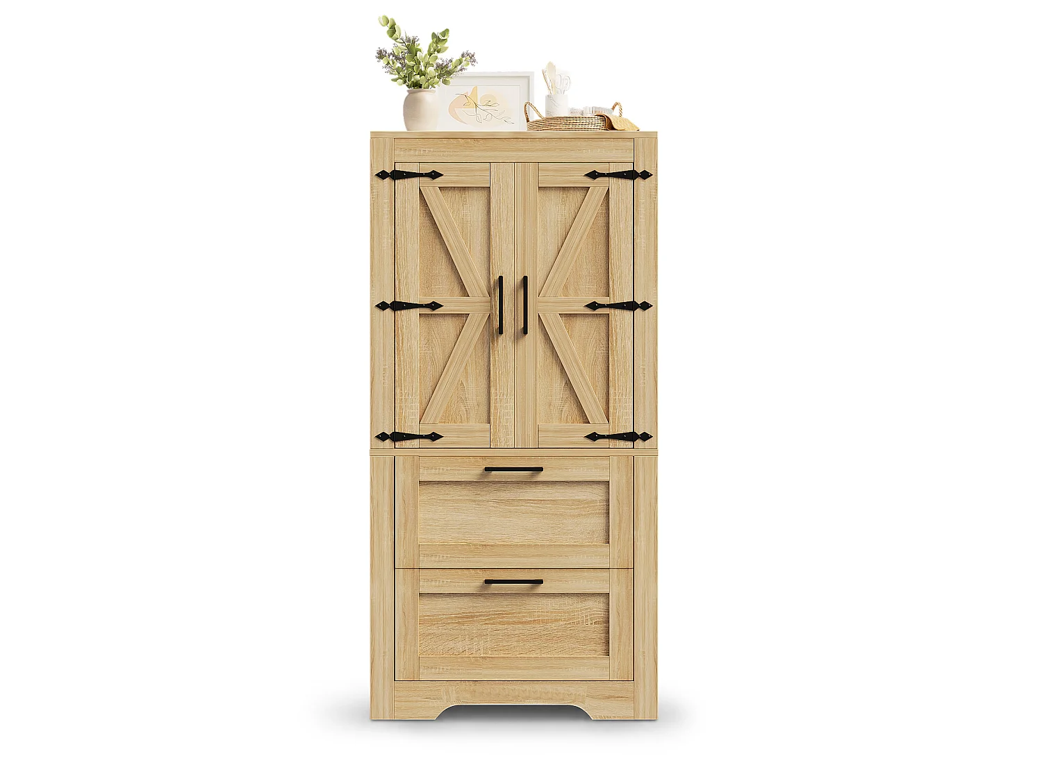 Buffet de cuisine 60x30x128cm - avec 2 portes et 2 tiroirs - étagère réglable - style campagnard - Naturel