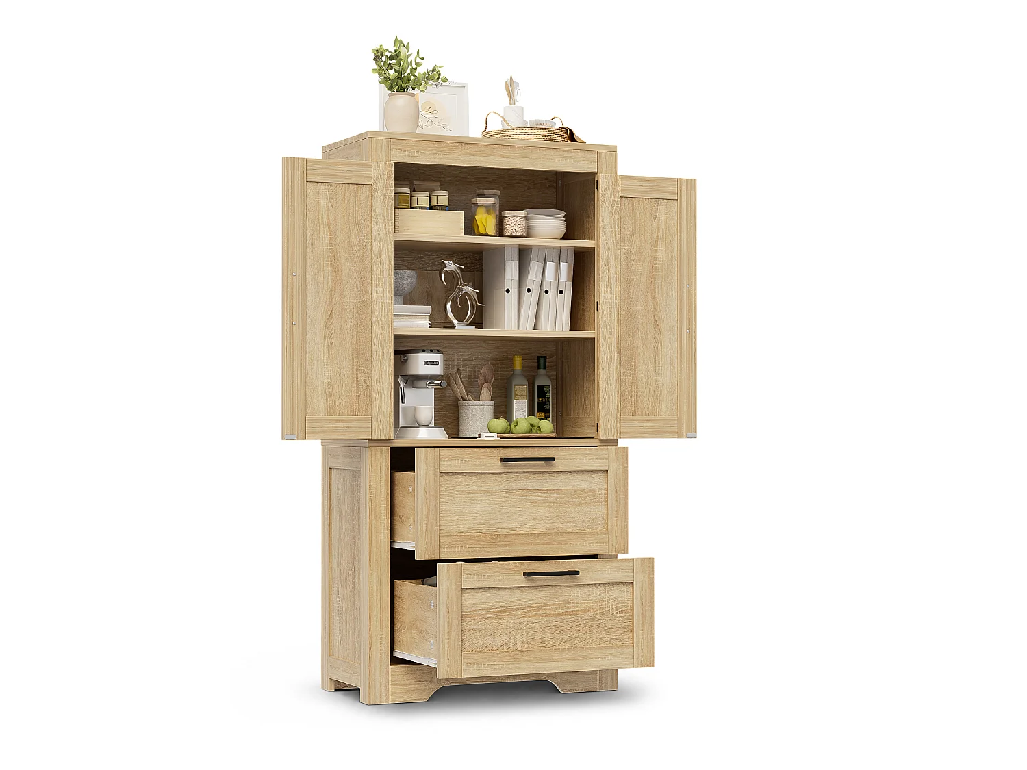 Buffet de cuisine 60x30x128cm - avec 2 portes et 2 tiroirs - étagère réglable - style campagnard - Naturel