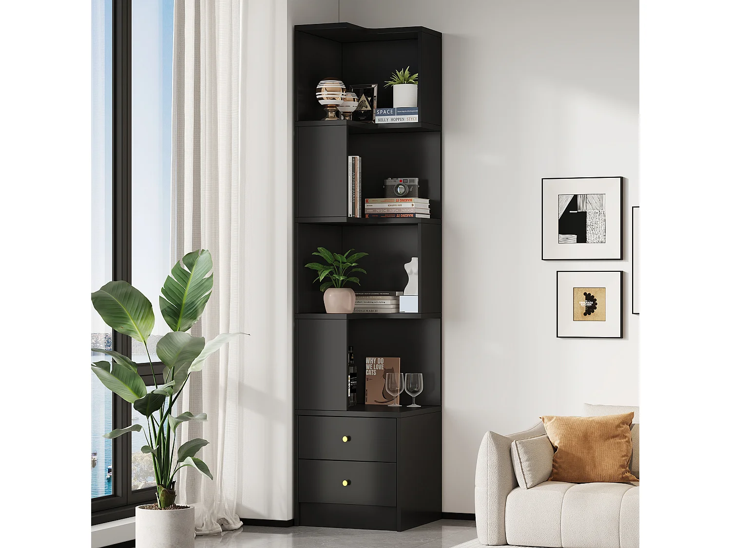 Bibliothèque d'angle avec éclairage LED, 4 étagères ouvertes et 2 tiroirs - MDF - 45 x 43,5 x 180 cm - Noir