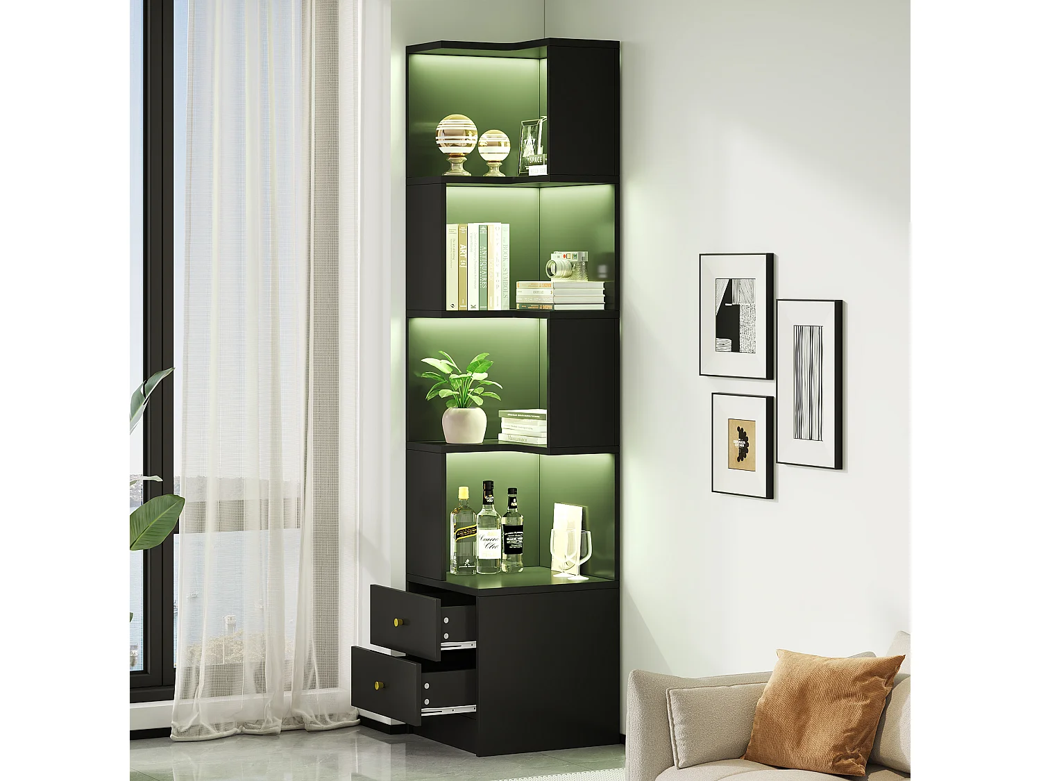 Bibliothèque d'angle avec éclairage LED, 4 étagères ouvertes et 2 tiroirs - MDF - 45 x 43,5 x 180 cm - Noir