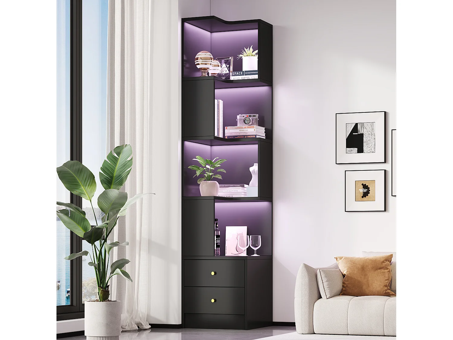 Bibliothèque d'angle avec éclairage LED, 4 étagères ouvertes et 2 tiroirs - MDF - 45 x 43,5 x 180 cm - Noir